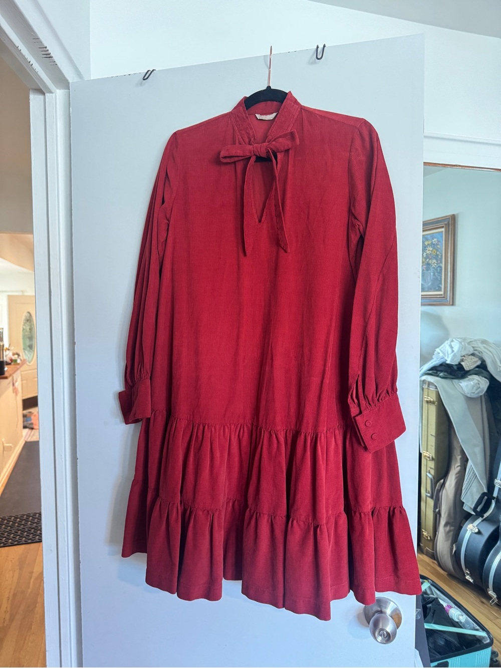 Cotton Red Tie-Neck Tiered Dress